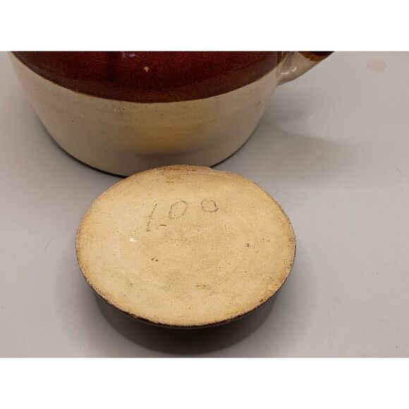 Antique Small Bean Pot Single Handle Stoneware Crock Brown Cream USA Crockery - Picture 15 of 15